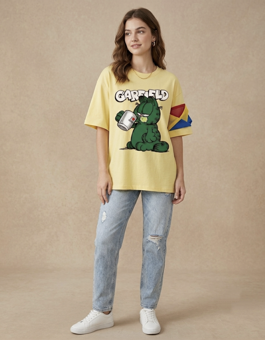 Street Wear Graphic Tee with Primary Color Mesh Sleeve Detail
