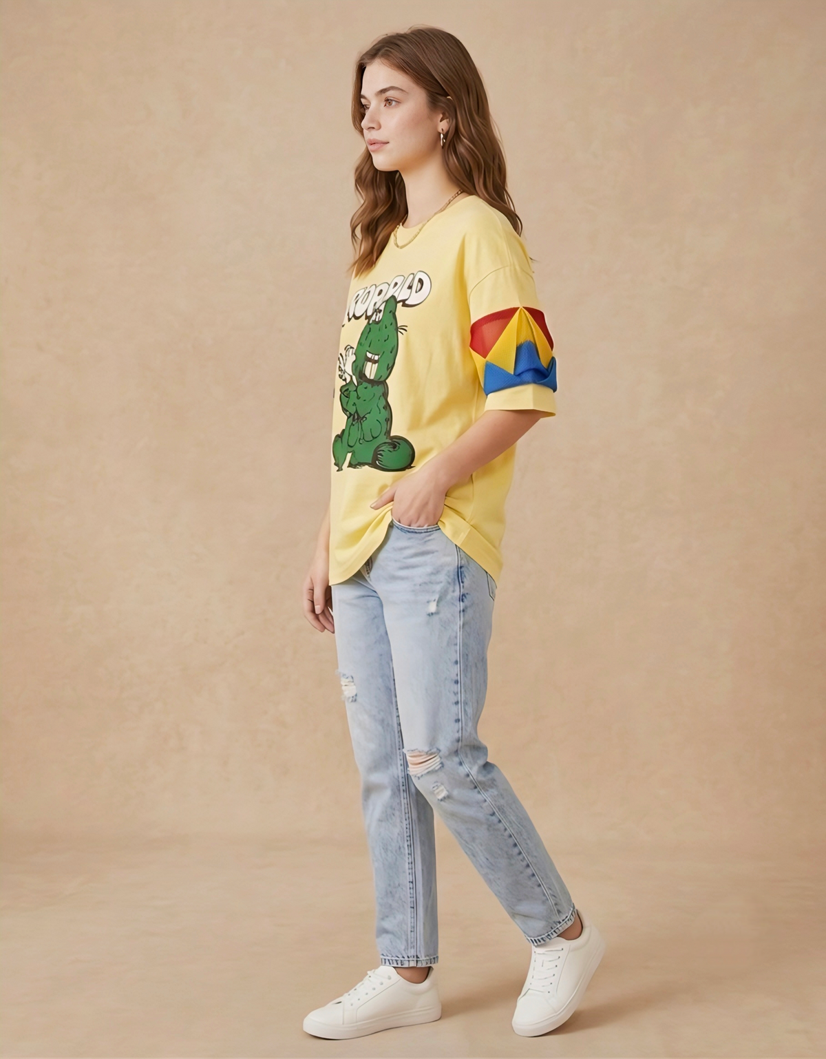 Street Wear Graphic Tee with Primary Color Mesh Sleeve Detail