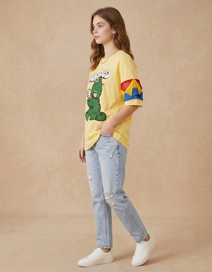 Street Wear Graphic Tee with Primary Color Mesh Sleeve Detail