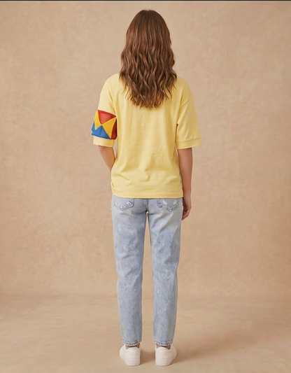 Street Wear Graphic Tee with Primary Color Mesh Sleeve Detail
